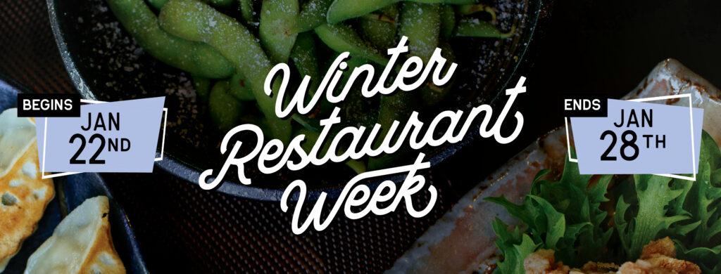 A banner for Winter Restaurant Week with a photo of fresh food in the background.